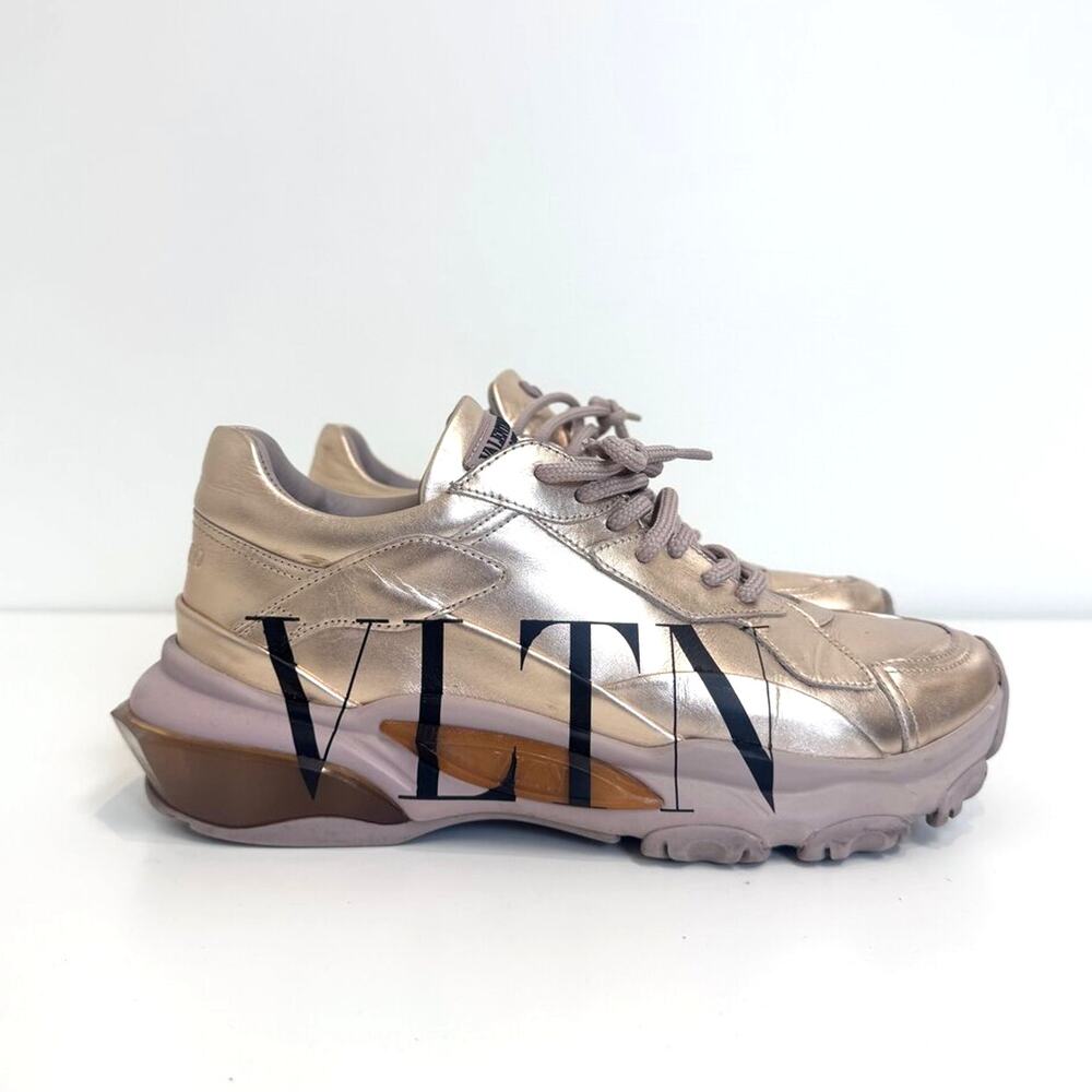 VALENTINO Garavani Bounce Rose Gold Black Logo Sneakers 38 Chuncky Lace Up Shoes